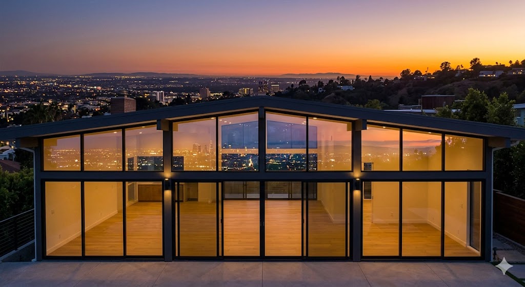 A twilight, elevated photograph of a renovated Mid-Century Modern home in the Hollywood Hills. 